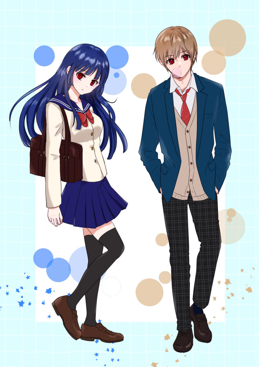 1boy 1girl absurdres bag black_thighhighs blouse blue_hair blue_skirt blunt_bangs brown_footwear collared_shirt full_body gintama hands_in_pocket highres imai_nobume kuroneko_w1nter long_hair miniskirt necktie okita_sougo pants plaid_clothes plaid_pants pleated_skirt red_eyes red_neckwear sailor_collar school_bag school_uniform shirt simple_background skirt sweater thighhighs white_shirt white_sweater zettai_ryouiki