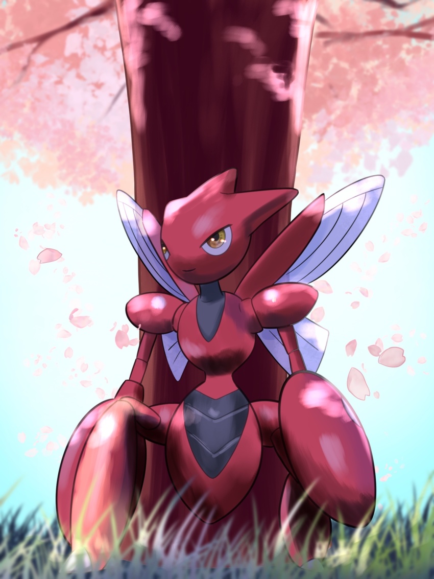 against_tree blurry blurry_foreground bug cherry_blossoms claws colored_skin falling_petals gen_2_pokemon grass highres nintendo outdoors petals pokemon pokemon_(creature) red_skin redamber334 scizor solo tree