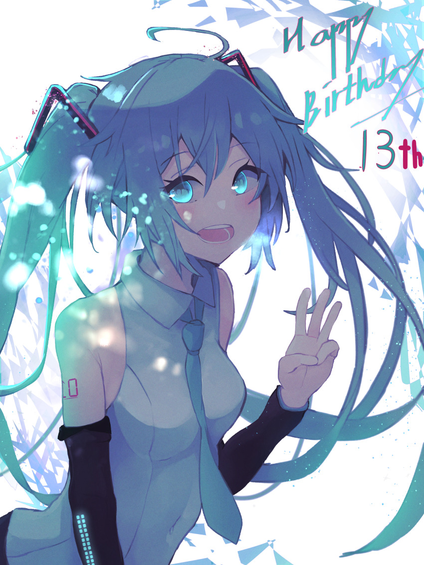1girl absurdres ahoge arm_tattoo birthday blouse blue_eyes blue_hair blue_necktie happy_birthday hatsune_miku hatsune_miku_(vocaloid4)_(chinese) highres long_hair looking_to_the_side megu_(jim48834420) necktie open_mouth shirt sleeveless sleeveless_shirt solo tattoo twintails very_long_hair vocaloid white_shirt