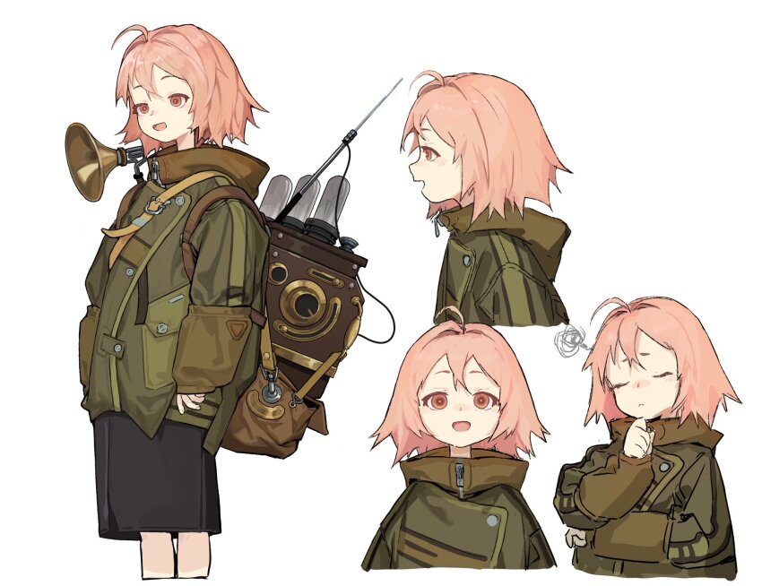 1girl ahoge al3x_alex backpack bag black_skirt buttons closed_eyes closed_mouth hand_on_own_chin highres long_sleeves looking_at_viewer multiple_views open_mouth orange_hair original profile radio radio_antenna short_hair simple_background skirt speaker standing straight-on vacuum_tube white_background zipper_pull_tab