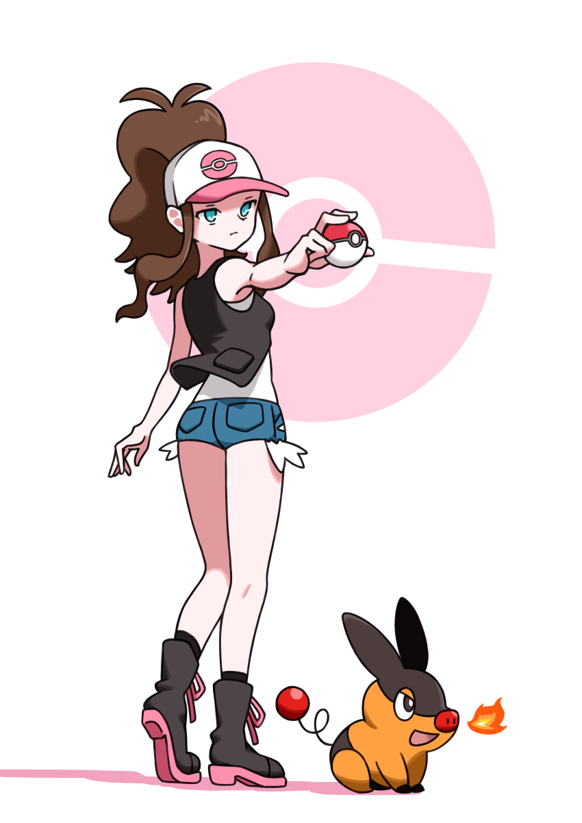 1girl absurdres aqua_eyes black_vest boots brown_hair closed_mouth commentary_request enzan_(midori_t0905) exposed_pocket gen_5_pokemon hat high_ponytail highres hilda_(pokemon) holding holding_poke_ball long_hair nintendo outstretched_arm poke_ball poke_ball_(basic) pokemon pokemon_(creature) pokemon_bw ponytail shirt short_shorts shorts sidelocks sleeveless sleeveless_shirt socks standing tepig vest white_hat white_shirt