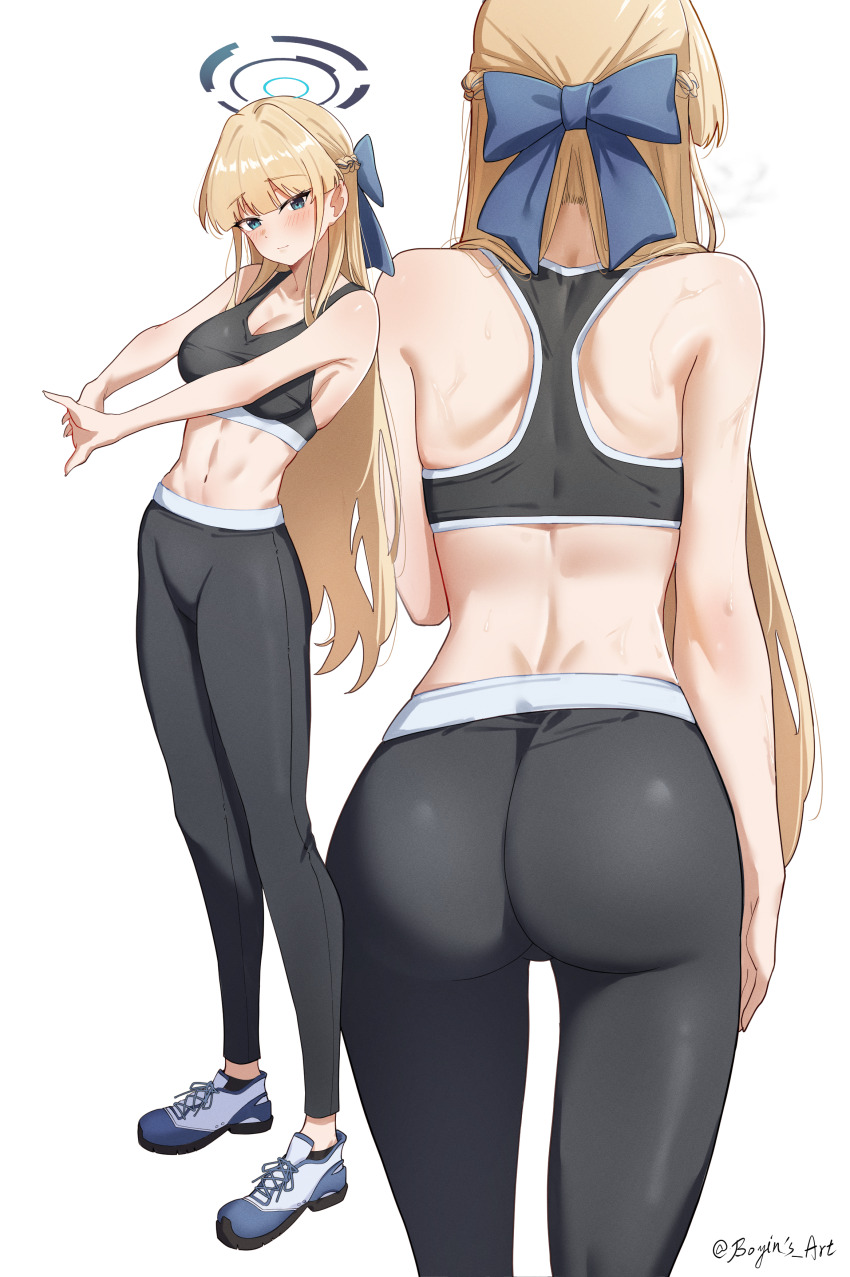 1girl absurdres ass back black_pants black_sports_bra blonde_hair blue_archive blue_eyes blue_hair blue_halo blush boyin braid breasts cleavage closed_mouth halo highres long_hair medium_breasts multicolored_hair multiple_views navel pants shoes simple_background sneakers sports_bra streaked_hair sweat toki_(blue_archive) twitter_username white_background