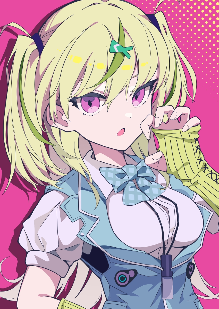 1girl absurdres breasts bridal_gauntlets green_hair hair_between_eyes hair_ornament heaven_burns_red highres large_breasts long_hair mochizuki_kei_(style) multicolored_hair ooshima_isuzu red_eyes shirt solo two_side_up white_shirt wobusilengna