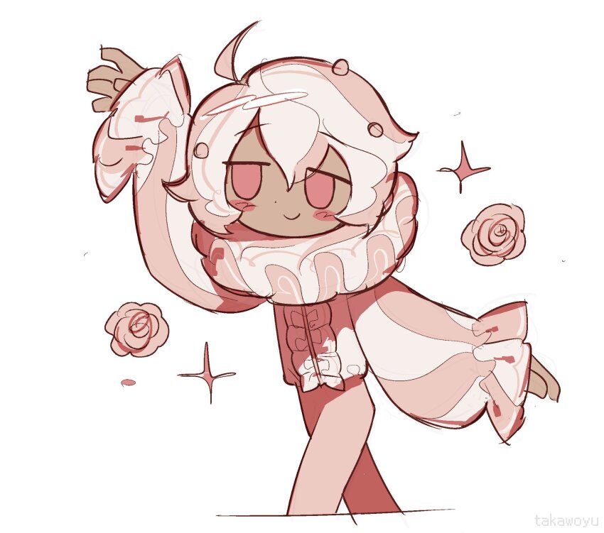 1boy ahoge alt_text arm_at_side arm_up artist_name center_frills closed_mouth commentary cookie_run cookie_run:_ovenbreak cropped_legs dot_nose english_commentary flower frilled_sleeves frills highres humanization long_sleeves male_focus multicolored_hair neck_ruff no_pupils no_sclera pants pink_eyes pink_flower pink_hair pink_pants pink_rose puffy_long_sleeves puffy_sleeves rose shirt short_hair simple_background smile solo sparkle takawoyu two-tone_hair whipped_cream_cookie white_background white_hair white_shirt