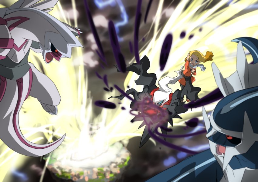 1girl alice_(pokemon) black_sclera blonde_hair blue_eyes claws colored_sclera commentary_request darkrai dialga dress energy energy_ball eyelashes floating_hair gen_4_pokemon highres legendary_pokemon long_hair long_sleeves multicolored_hair mythical_pokemon nintendo open_mouth orange_dress orange_shoes palkia pokemon pokemon:_the_rise_of_darkrai pokemon_(anime) pokemon_(creature) pokemon_dppt_(anime) red_eyes shoes two-tone_hair yusuke_oshida
