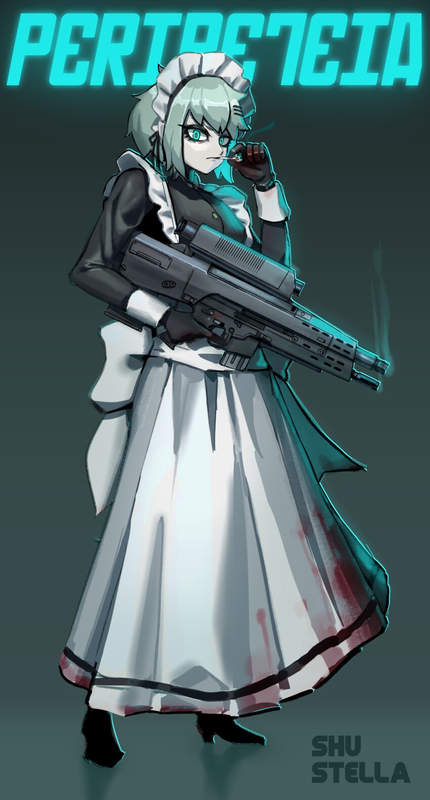 1girl absurdres airburst_grenade_launcher alliant_techsystems alternate_costume apron aqua_background aqua_eyes aqua_hair aqua_pupils aqua_theme artist_name assault_rifle black_dress black_shoes blood blood_on_clothes blue_light breasts bullpup carbine cigarette commentary computerized_scope contraves_brashear_systems copyright_name dress english_commentary enmaided full_body gloves gradient_background grenade_launcher gun heckler_&amp;_koch high_heels highres holding holding_cigarette holding_gun holding_weapon l-3_communications_corporation l3_technologies long_gun looking_at_viewer maid maid_headdress marie_(peripeteia) medium_breasts peripeteia precision-guided_firearm reflective_floor rifle scope semi-automatic_grenade_launcher serious shoes short-barreled_rifle short_hair shu-stella sidelighting sight_(weapon) smart_scope smoke smoking smoking_barrel solo standing transforming_weapon under-barrel_configuration underbarrel_assault_rifle underbarrel_rifle weapon white_apron xm104_(smart_scope) xm29_oicw