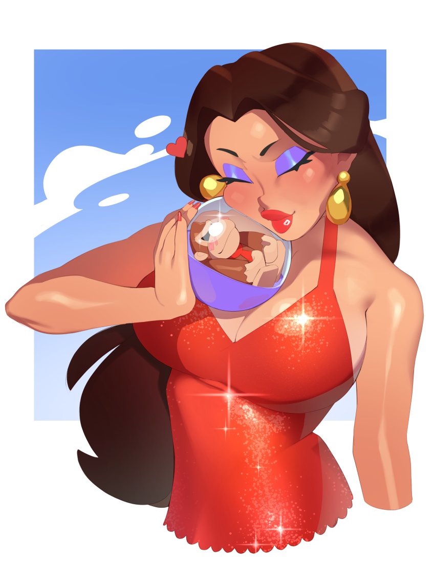 1girl absurdres bare_arms bare_shoulders blue_background blush breasts brown_hair cheek_press cleavage closed_eyes closed_mouth combos_&amp;_doodles cropped_torso donkey_kong_(series) dress earrings eyelashes eyeshadow female_focus fingernails gashapon gold_earrings heart highres jewelry large_breasts lips lipstick long_fingernails long_hair makeup mario_(series) mario_vs._donkey_kong mario_vs._donkey_kong_2:_march_of_the_minis mini_donkey_kong nail_polish nintendo nose pauline_(mario) purple_eyeshadow red_dress red_lips red_nails shiny_skin sleeveless sleeveless_dress smile solo sparkle thick_lips toy upper_body white_background