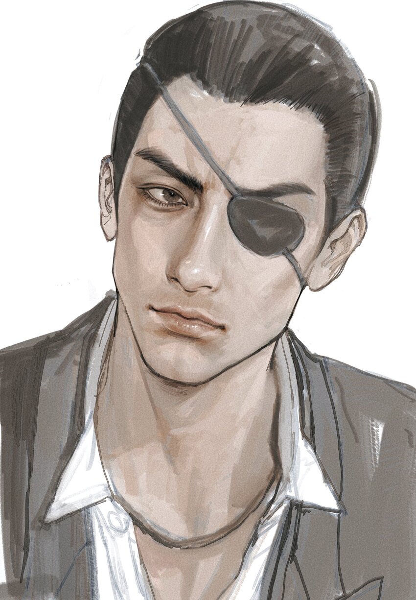 1boy aged_down black_hair black_jacket brown_eyes collarbone collared_shirt expressionless eyepatch hair_slicked_back highres jacket jewelry looking_at_viewer majima_goro male_focus necklace one_eye_covered portrait ryuu_ga_gotoku_(series) shirt short_hair simple_background solo v-shaped_eyebrows very_short_hair white_background white_shirt yoon_nov