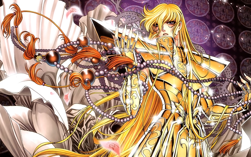 1boy armor blonde_hair brown_eyes gauntlets gold_armor gold_cloth hair_between_eyes highres long_hair male_focus pauldrons saint_seiya shoulder_armor solo virgo_shaka