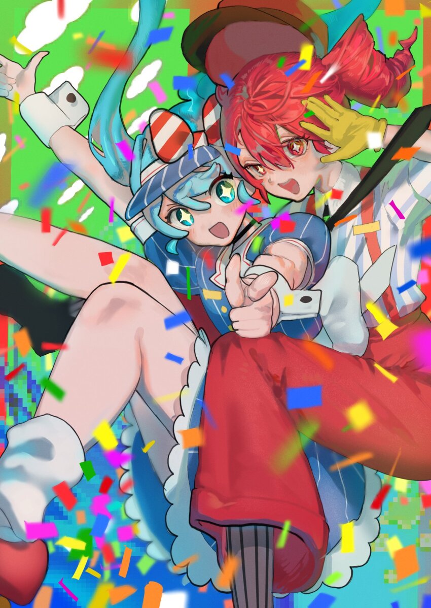 2girls :d alternate_costume ankle_socks arm_up black_choker black_necktie blue_background blue_eyes blue_hair blush bow buttons choker cloud_print collared_shirt confetti diagonal-striped_bow dress drill_hair falling feet_out_of_frame floating_hair green_background grey_socks hair_between_eyes hashtag-only_commentary hat hat_bow hatsune_miku highres kasane_teto looking_at_viewer mesmerizer_(vocaloid) multiple_girls necktie noki_20 open_mouth outstretched_arm pants pinstripe_dress pinstripe_hat pinstripe_pattern pointing pointing_at_viewer puffy_short_sleeves puffy_sleeves red_bow red_hat red_pants shirt short_sleeves smile socks striped_clothes striped_shirt striped_socks teeth twin_drills twintails two-tone_bow upper_teeth_only utau visor_cap vocaloid white_bow white_socks white_wrist_cuffs wing_collar wrist_cuffs