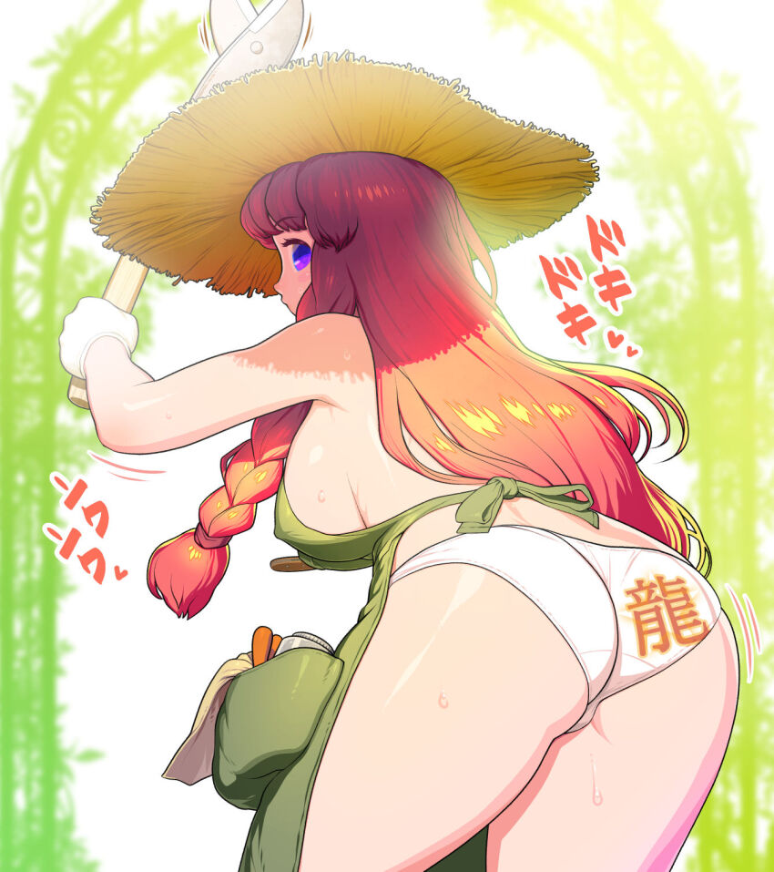 1girl alternate_costume apron arch art_tools_in_frame ass back backboob blunt_bangs blush breasts commentary_request cowboy_shot floral_arch from_behind gloves green_apron hat hedge_clippers highres hong_meiling large_breasts long_hair looking_at_viewer looking_back open_mouth orange_hair paid_reward_available purple_eyes solo straw_hat touhou white_gloves yonaki