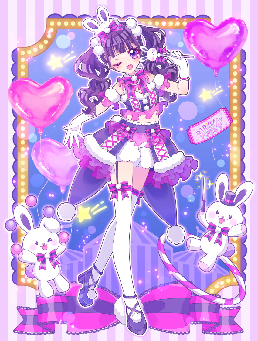 1girl :d absurdres animal balloon black_hair blush bow bowtie circus commentary english_commentary frills full_body garter_straps hat heart_balloon highres hiyoko_miya holding long_hair looking_at_viewer midriff open_mouth original outstretched_hand purple_eyes rabbit ribbon shoes smile solo standing thighhighs ticket top_hat twintails