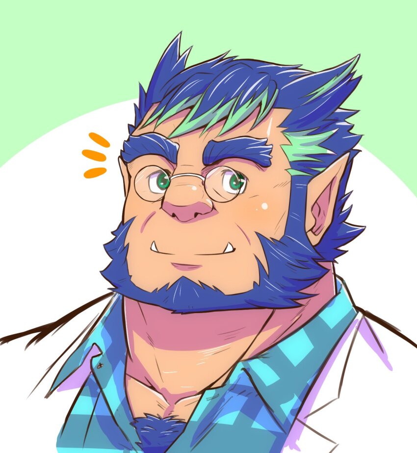 1boy bara beard blue_hair body_fur chest_hair_peek collared_shirt crave_saga facial_hair full_beard glasses green_eyes green_hair highres huge_eyebrows kazuo_tashishi looking_at_viewer male_focus mature_male monster_boy multicolored_hair notice_lines pectoral_cleavage pectorals phil_(crave_saga) pointy_ears portrait round_eyewear sanpaku shirt short_hair solo streaked_hair thick_beard thick_neck tusks wrinkled_skin