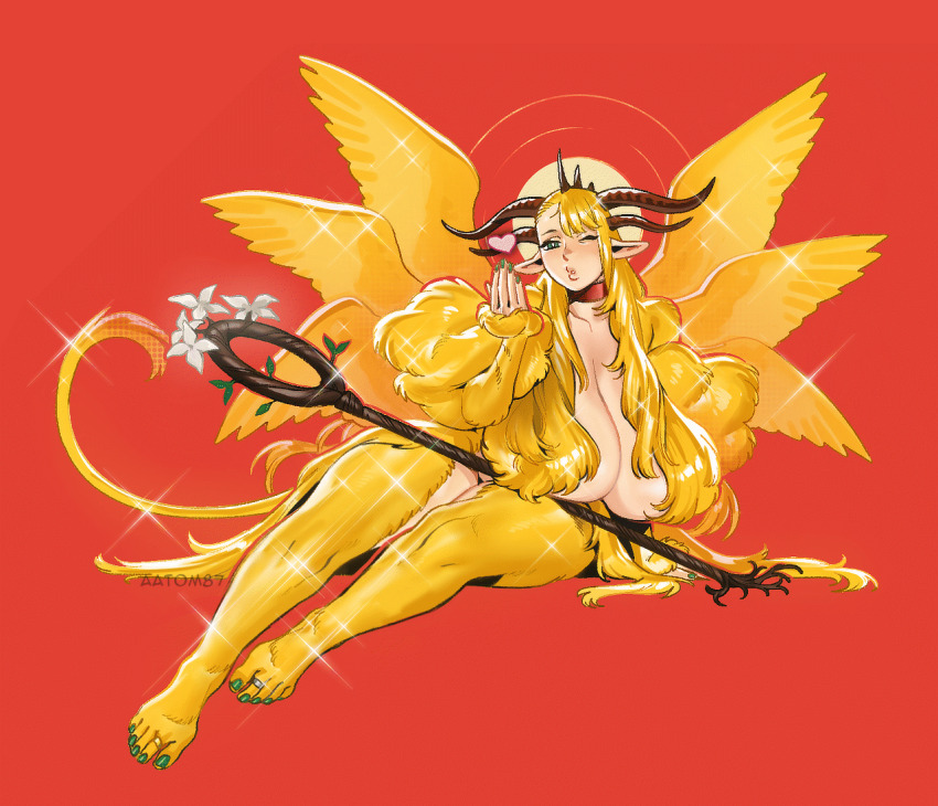 aatom87 asymmetrical_bangs blowing_kiss breasts choker dungeon_meshi full_body fusion gigantic_breasts green_eyes horns lion_tail long_hair marcille_donato multiple_wings pointy_ears red_choker solo sparkle staff tail very_long_hair winged_lion_(dungeon_meshi) wings yellow_fur
