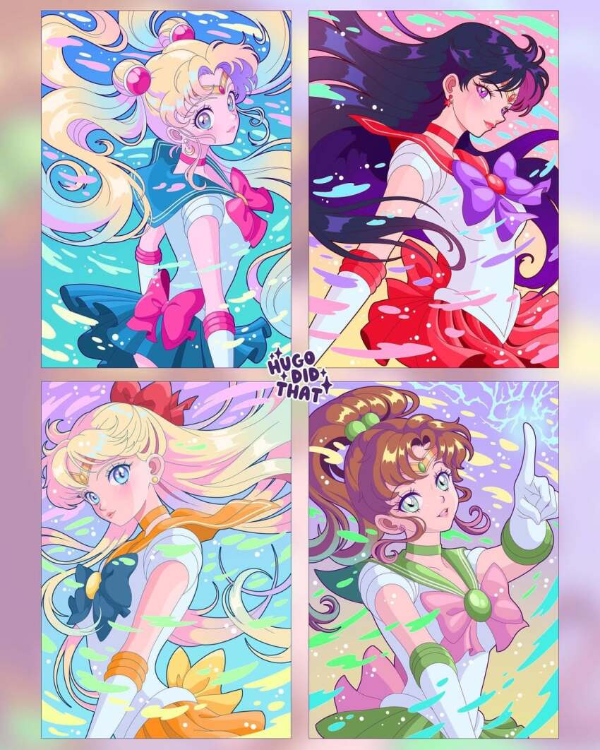 4girls aino_minako bishoujo_senshi_sailor_moon black_hair blonde_hair blue_eyes bow breasts brown_hair gloves green_eyes hino_rei hugo.did.that kino_makoto long_hair magical_girl miniskirt multiple_girls ponytail purple_eyes red_bow sailor_jupiter sailor_mars sailor_moon sailor_venus short_sleeves skirt tsukino_usagi twintails upper_body very_long_hair