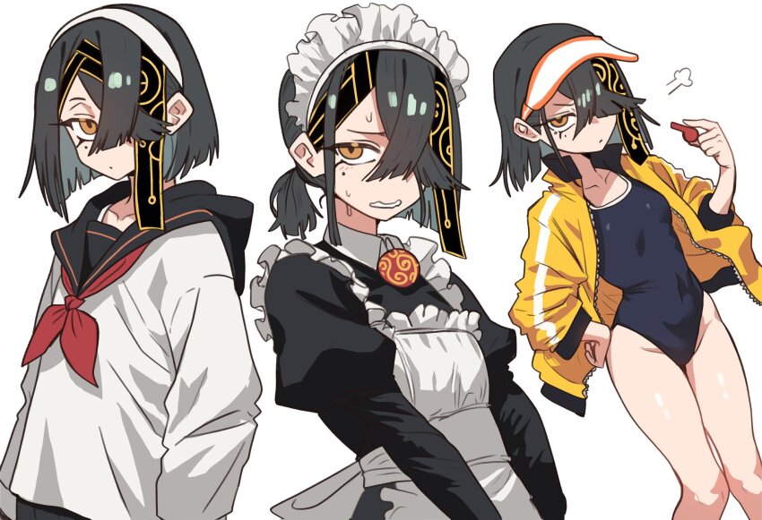 1girl alternate_costume apron black_hair black_sailor_collar breasts covered_navel ebora enmaided fate/grand_order fate_(series) hair_over_one_eye hand_on_own_hip hand_up headband highres jacket looking_at_viewer maid maid_apron maid_headdress multiple_views one-piece_swimsuit sailor_collar sailor_shirt school_uniform shirt short_hair small_breasts sweatdrop swimsuit visor_cap whistle white_background white_shirt xu_fu_(fate) yellow_eyes yellow_jacket