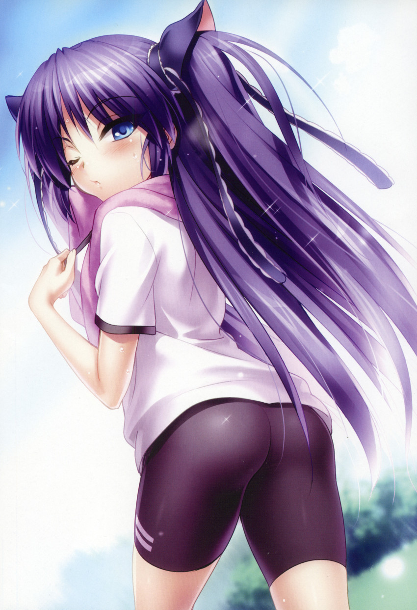 1girl absurdres ass bike_shorts blue_eyes blush collar_tug gym_uniform hair_ribbon highres little_busters! long_hair looking_at_viewer looking_back outdoors purple_hair ribbon sasasegawa_sasami scan shirt short_sleeves solo sparkle sweat towel zen