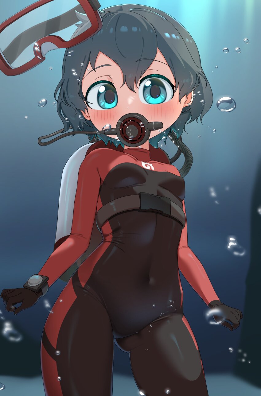 1girl absurdres alternate_costume black_gloves black_hair black_wetsuit blue_eyes blush bubble chis_(js60216) cowboy_shot gloves hair_between_eyes highres impossible_clothes japari_symbol kaban_(kemono_friends) kemono_friends long_sleeves looking_at_viewer navel rebreather red_wetsuit scuba scuba_gear scuba_tank short_hair sidelocks solo underwater watch