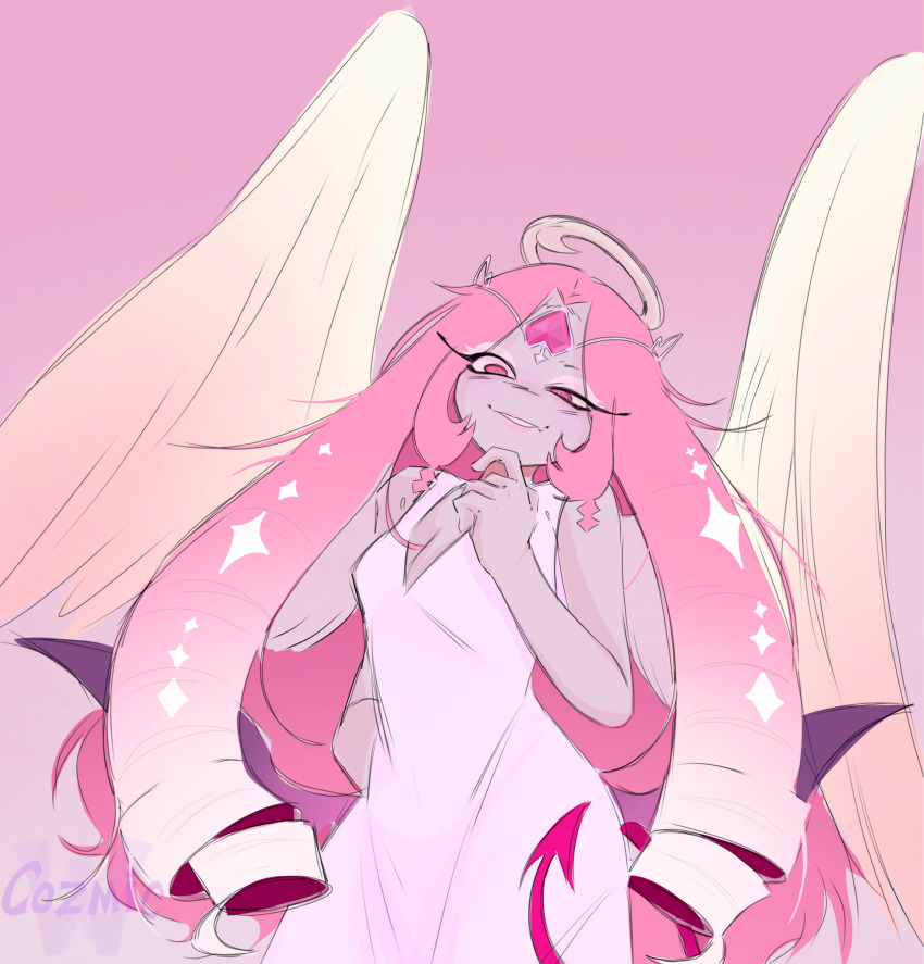1girl angel angel_wings colored_skin cookie_run cookie_run:_kingdom cozmic-wyatt demon_girl demon_wings dress eternal_sugar_cookie halo highres long_hair looking_at_viewer pink_eyes pink_hair pink_skin solo tail very_long_hair white_dress wings