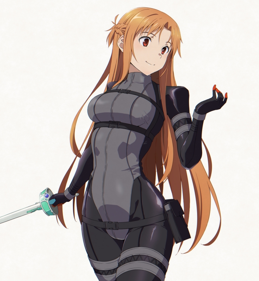 1girl asuna_(sao) belt black_bodysuit bodysuit braid breasts brown_eyes brown_hair closed_mouth cosplay cowboy_shot highres holding holding_sword holding_weapon long_hair medium_breasts pitohui_(sao) pitohui_(sao)_(cosplay) puge rapier sidelocks smile solo sword sword_art_online sword_art_online_alternative:_gun_gale_online weapon