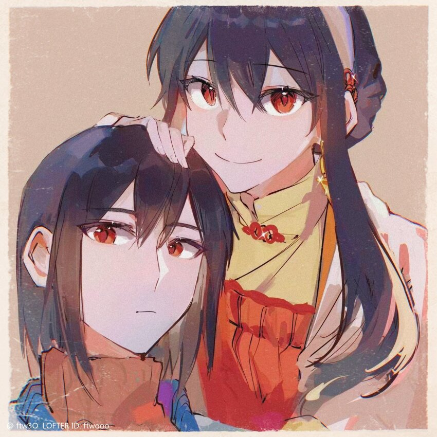 1boy 1girl black_hair border brother_and_sister close-up closed_mouth hairband hand_on_another&#039;s_head high_collar highres hoengki jacket lofter_username looking_at_viewer red_eyes shirt short_hair short_hair_with_long_locks siblings smile spy_x_family white_border yellow_shirt yor_briar yuri_briar