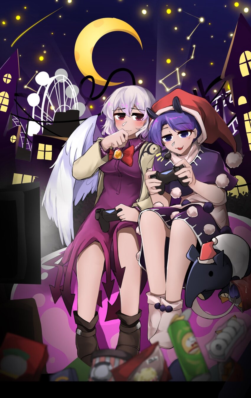 2girls animal_ears blue_eyes blue_hair comet commentary commission constellation controller crescent_moon donut doremy_sweet dress english_commentary ferris_wheel food full_body game_controller grey_hair hat highres holding holding_controller holding_game_controller kishin_sagume looking_at_viewer moon multiple_girls nightcap outdoors pom_pom_(clothes) pringles_can protected_link purple_dress red_eyes short_hair single_wing sitting star_(sky) statisticstater tapir tapir_ears television touhou ursa_minor_(constellation) white_wings wings