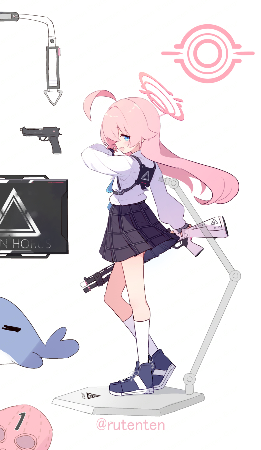 1girl absurdres ahoge beretta_1301 black_shoes black_skirt blue_archive blue_eyes blush figure_stand gun hair_between_eyes halo highres holding holding_gun holding_weapon hoshino_(blue_archive) long_hair long_sleeves open_mouth pink_hair pink_halo plaid_clothes plaid_skirt pleated_skirt profile ruten_(onakasukusuku) shirt shoes shotgun simple_background skirt smile socks solo twitter_username weapon white_background white_shirt white_socks