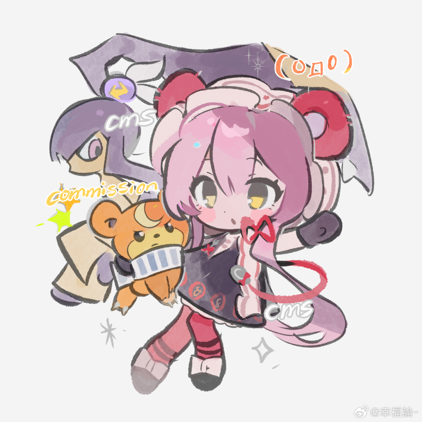 bow chibi chibi_only dress gen_2_pokemon gen_3_pokemon hair_bow highres kneehighs maid_headdress mawile nintendo original pink_hair pink_socks pokemon red_bow socks teddiursa weibo_7087802219 yellow_eyes