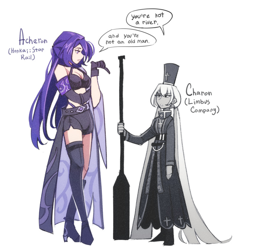 2girls absurdly_long_hair acheron_(honkai:_star_rail) asymmetrical_footwear asymmetrical_gloves belt black_belt black_boots black_eyes black_gloves black_hat black_shirt black_shorts boots character_name charon_(project_moon) colored_skin copyright_name crossover elbow_gloves elbow_on_arm english_text film_grain full_body gloves grey_hat grey_skin halterneck hand_up hat high_heel_boots high_heels highres holding holding_oar honkai:_star_rail honkai_(series) knee_boots kredinca limbus_company long_hair long_sleeves low_twintails multiple_girls oar project_moon purple_eyes purple_hair shako_cap shirt shorts simple_background single_bare_shoulder single_wide_sleeve speech_bubble thigh_boots twintails very_long_hair white_background white_hair