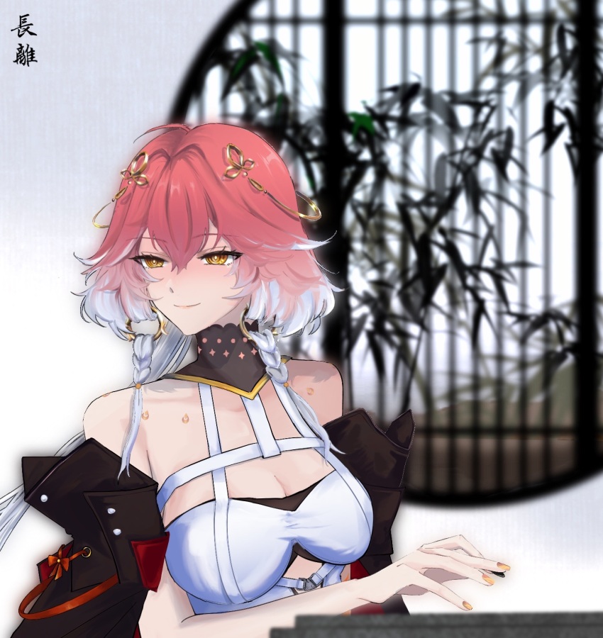 1girl bare_shoulders black_jacket braid breasts brisa changli_(wuthering_waves) cleavage closed_mouth dress earrings hair_ornament highres jacket jewelry large_breasts multicolored_hair pink_hair red_hair smile solo twin_braids white_dress white_hair window wuthering_waves yellow_eyes