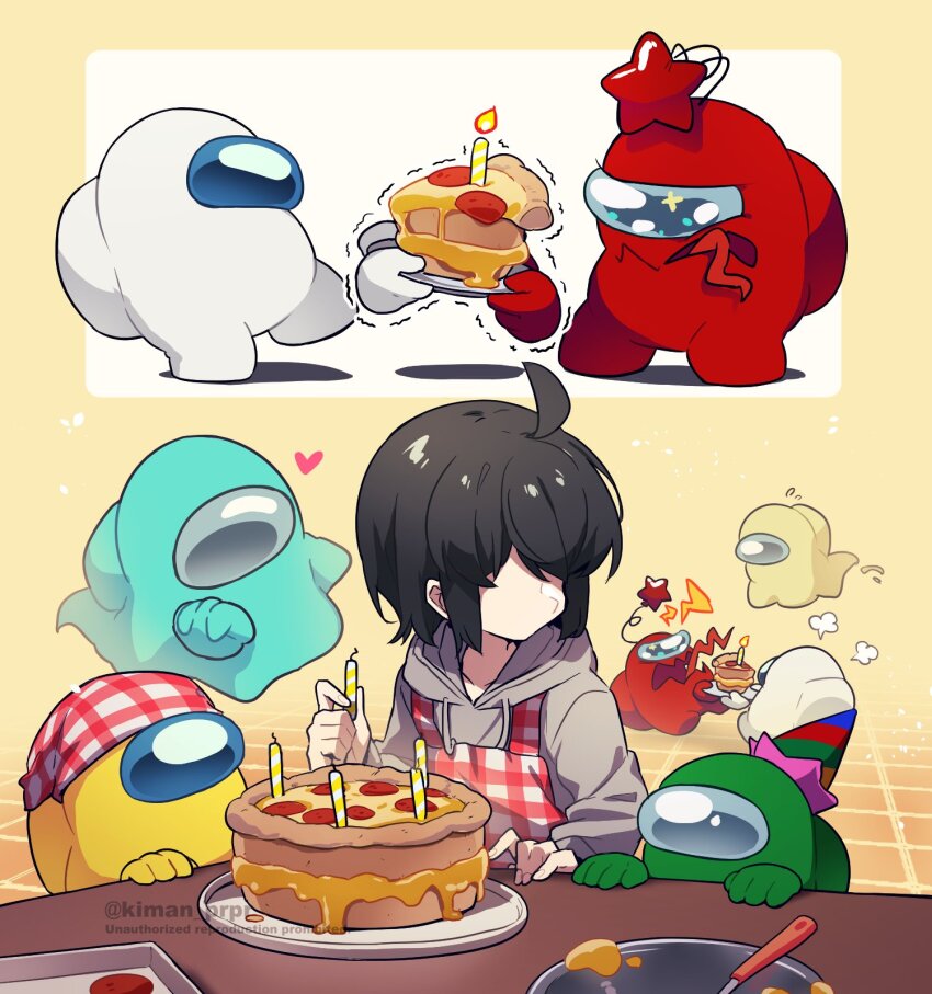 6+others ahoge ambiguous_gender among_us androgynous angry apron baking_sheet banana_(among_us) black_hair cake candle commentary_request crewmate_(among_us) disembodied_hand faceless fire floating flying_sweatdrops food ghost_(among_us) gingham_apron green_(among_us) grey_hoodie hat headscarf heart highres holding holding_candle hood hood_down hoodie impostor_(among_us) kiman long_tongue looking_at_food mixing_bowl multicolored_apron multiple_others original own_hands_clasped own_hands_together party_hat pizza plaid_apron plaid_clothes plate pulling rayman_limbs red_(among_us) red_apron short_hair spacesuit star_(symbol) they_(kiman) tongue tray trembling twitter_username very_long_tongue watermark white_apron yellow_(among_us)