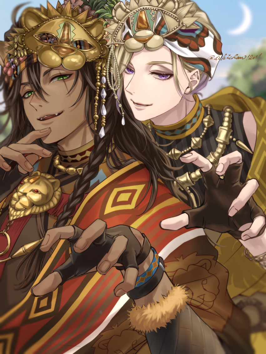 2boys blonde_hair braid brown_gloves brown_hair claw_pose commentary_request crescent_moon dark-skinned_male dark_skin fangs fingerless_gloves gloves green_eyes highres leona_kingscholar long_hair looking_at_viewer male_focus moon multiple_boys outdoors purple_eyes scar scar_across_eye scar_on_face twin_braids twisted_wonderland ukichan12011 upper_body vil_schoenheit