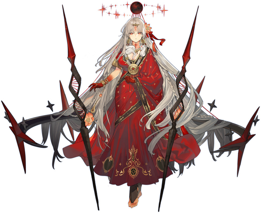 1girl animal animal_around_neck between_breasts body_markings bracelet breasts bridal_legwear colored_extremities divine_entity double_helix dress durga_(fate) earrings expressionless fate/grand_order fate_(series) feet floating floating_object floating_weapon flower full_body game_cg gem gold_bracelet gold_earrings gold_ring gold_trim greek_toe grey_hair hair_flower hair_ornament hair_ribbon highres jewelry large_breasts long_hair looking_at_viewer multicolored_eyes multiple_bracelets official_art outline parted_lips red_dress red_eyes red_gemstone ribbon snake solo starshadowmagician tassel thighs third-party_source third_eye thumb_ring tiptoes toenails toes transparent_background two-tone_eyes very_long_hair white_outline white_snake yellow_eyes