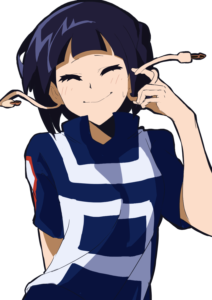 1girl absurdres audio_jack black_eyes blue_track_suit blunt_bangs boku_no_hero_academia closed_eyes earplugs finger_to_face gym_uniform hand_up highres jiro_kyoka long_earlobes ppaparibo purple_hair shirt short_hair smile solo track_suit u.a._gym_uniform white_background