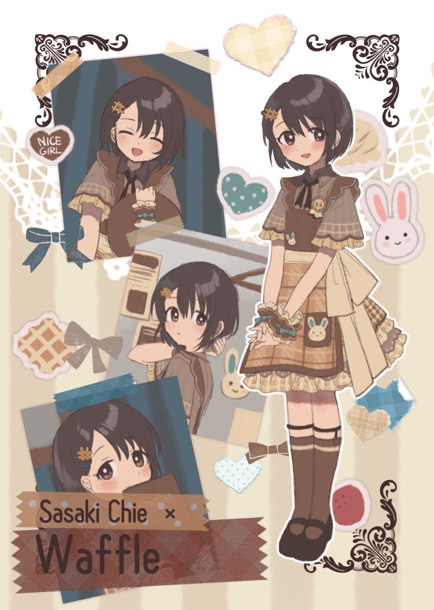 1girl apron black_footwear black_hair blush bob_cut brown_apron brown_eyes brown_socks character_name closed_eyes closed_mouth dot_mouth dress english_text food food-themed_clothes food-themed_hair_ornament frilled_dress frills fruit full_body hair_between_eyes hair_ornament highres holding holding_menu idolmaster idolmaster_cinderella_girls kneehighs legs_together looking_back menu monakocoa multicolored_clothes open_mouth own_hands_together rabbit ribbon sasaki_chie short_hair smile socks solo solo_focus standing strawberry tape tray waffle wrist_cuffs