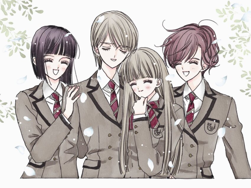 4girls ^_^ black_hair blonde_hair brown_hair closed_eyes falling_petals long_hair multiple_girls nui_nakato petals school_uniform short_hair smile toi_et_moi_(manga) upper_body