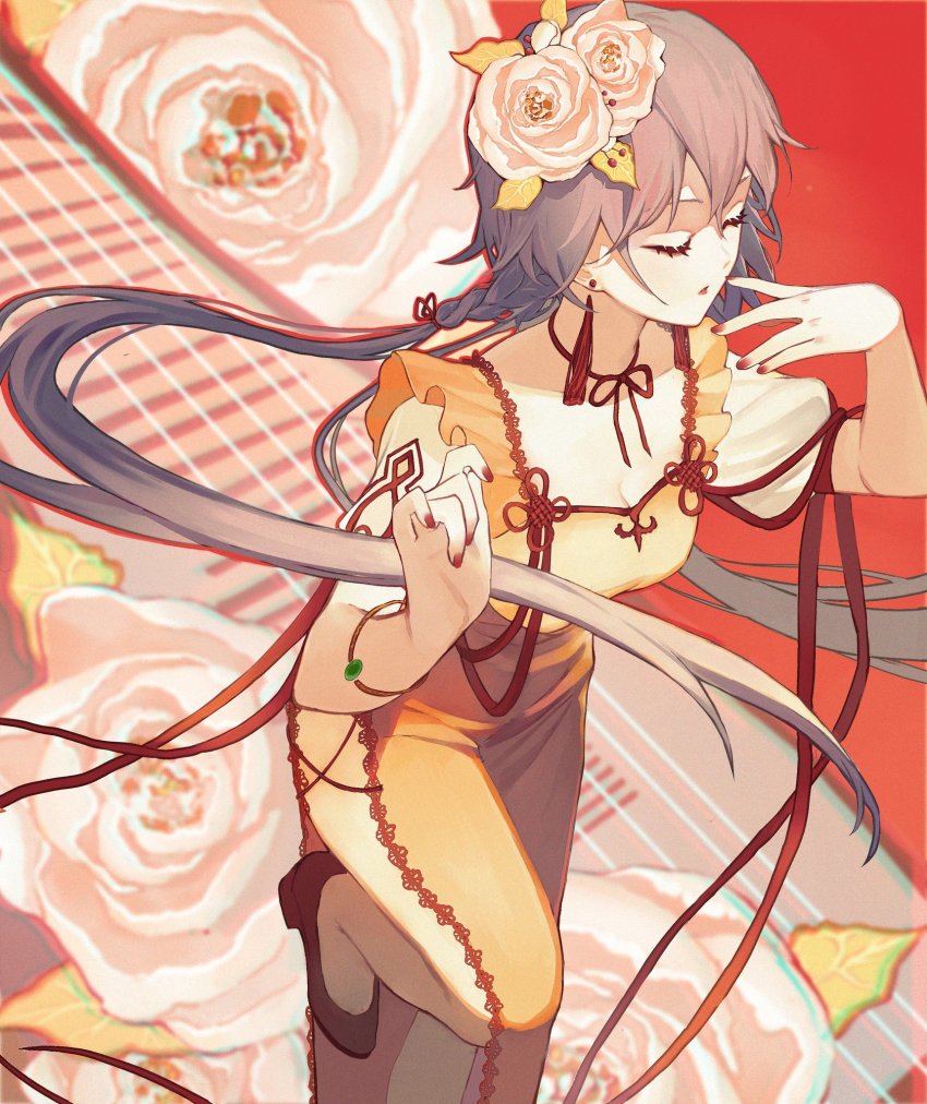 1girl alternate_costume black_footwear breasts choker cleavage closed_eyes commentary_request dress earrings feet_out_of_frame female_focus flower hair_flower hair_ornament hands_up high_heels highres houraisan_chouko jewelry long_hair low_twintails medium_breasts nail_polish parted_lips puffy_short_sleeves puffy_sleeves purple_hair red_choker red_nails red_ribbon ribbon ribbon_choker rose short_sleeves solo standing touhou tsukumo_benben twintails white_flower white_rose yellow_dress