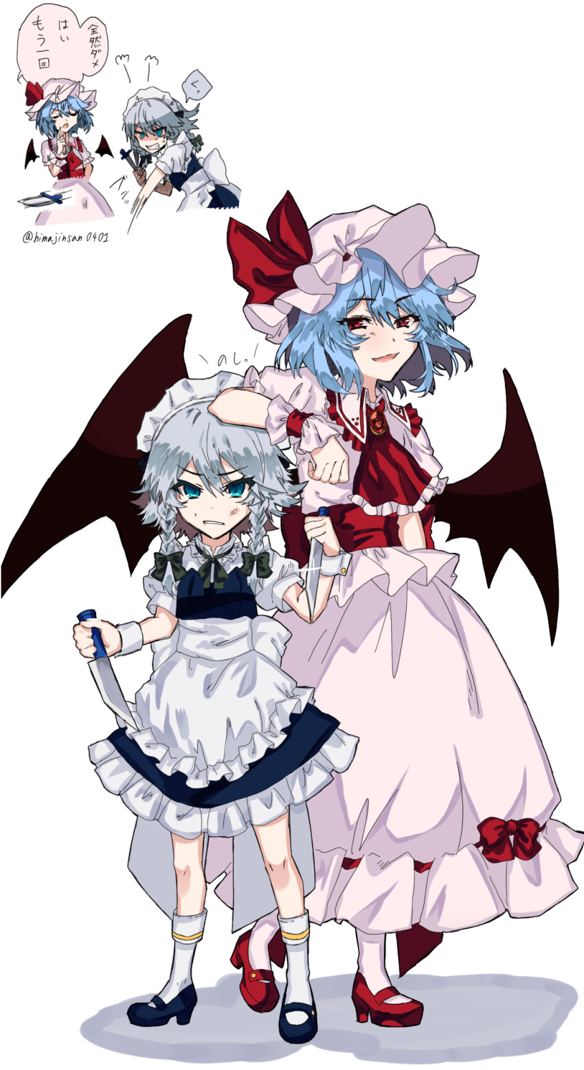 2girls :d aged_down anger_vein annoyed apron arm_on_own_head ascot bat_wings between_fingers black_bow black_footwear black_ribbon blue_dress blue_hair bow braid brooch clenched_teeth commentary_request determined dress dual_wielding frilled_ascot frilled_shirt_collar frills full_body green_ribbon hair_between_eyes hair_ribbon hat hat_ribbon high_heels highres himadera holding holding_knife inset izayoi_sakuya jewelry kneehighs knife knives_between_fingers layered_clothes lecturing light_blue_hair looking_at_viewer maid maid_apron maid_headdress mary_janes mob_cap motion_lines multiple_girls multiple_views neck_ribbon open_mouth pink_hat pink_legwear pink_shirt pink_skirt puffy_short_sleeves puffy_sleeves red_eyes red_footwear red_neckwear remilia_scarlet reverse_grip ribbon shaded_face shadow shirt shoes short_hair short_sleeves silver_hair skirt smile socks sparkle standing sweatdrop teeth throwing_knife touhou translated twin_braids twitter_username waist_apron weapon white_apron white_background white_dress wings wrist_cuffs