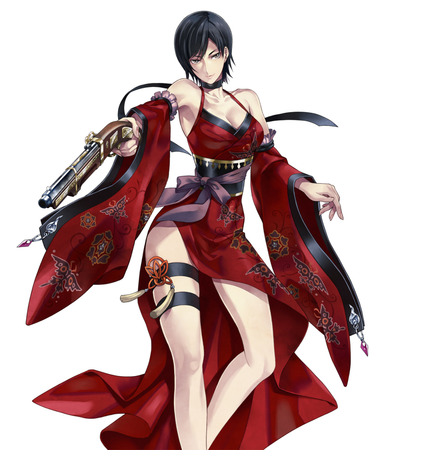 1girl ada_wong adapted_costume antique_firearm bare_legs bare_shoulders black_hair breasts capcom choker cleavage company_connection detached_sleeves dress female_focus firearm firelock flintlock floral_print frills grey_eyes gun handgun highres large_breasts legs nagahama_megumi obi official_art onimusha_soul pistol red_dress resident_evil resident_evil_4 ribbon sash short_hair side_slit simple_background solo thigh_strap weapon white_background