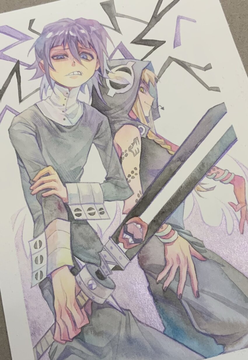 1boy 1girl alternate_eye_color androgynous arm_tattoo aynm010330 black_hood black_nails blue_eyes braid chinese_commentary closed_mouth crona_(soul_eater) cuff_links fingernails hair_between_eyes highres holding holding_sword holding_weapon hood lips medusa_gorgon mother_and_child mother_and_son other_focus photoshop_(medium) purple_hair ragnarok_(demon_sword) red_lips sleeve_cuffs smile snake_tattoo soul_eater sword tattoo teeth traditional_media weapon white_sleeve_cuffs yellow_eyes