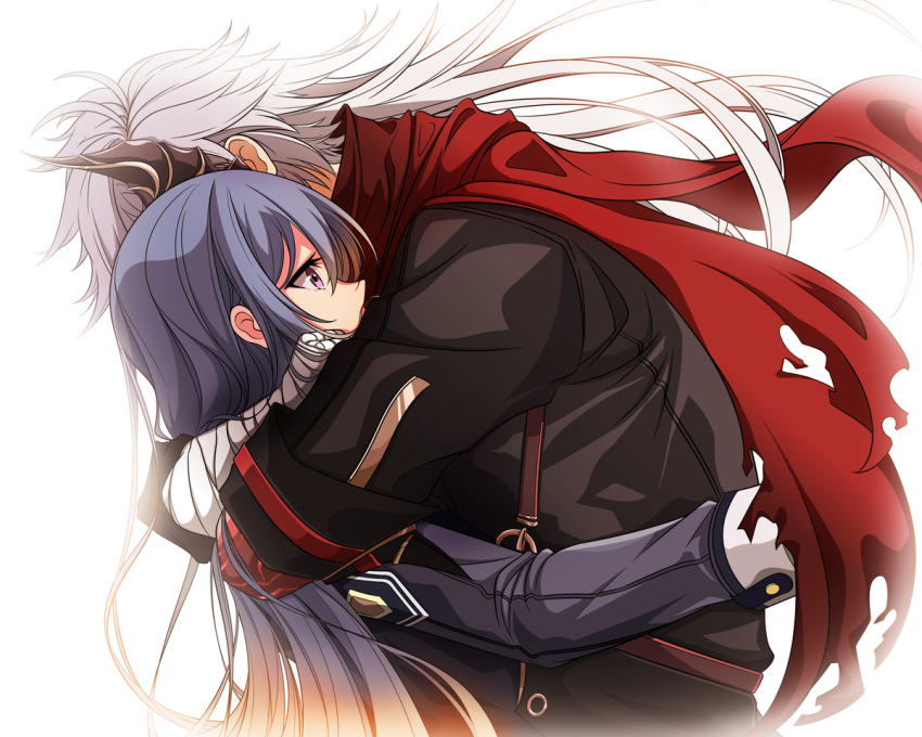 1boy 1girl bandages black_coat blue_coat blue_hair coat couple crying crying_with_eyes_open eiyuu_densetsu falcom hug jessica_schleiden long_hair mask purple_eyes rean_schwarzer red_arm red_scarf scarf sen_no_kiseki_(series) tears white_hair