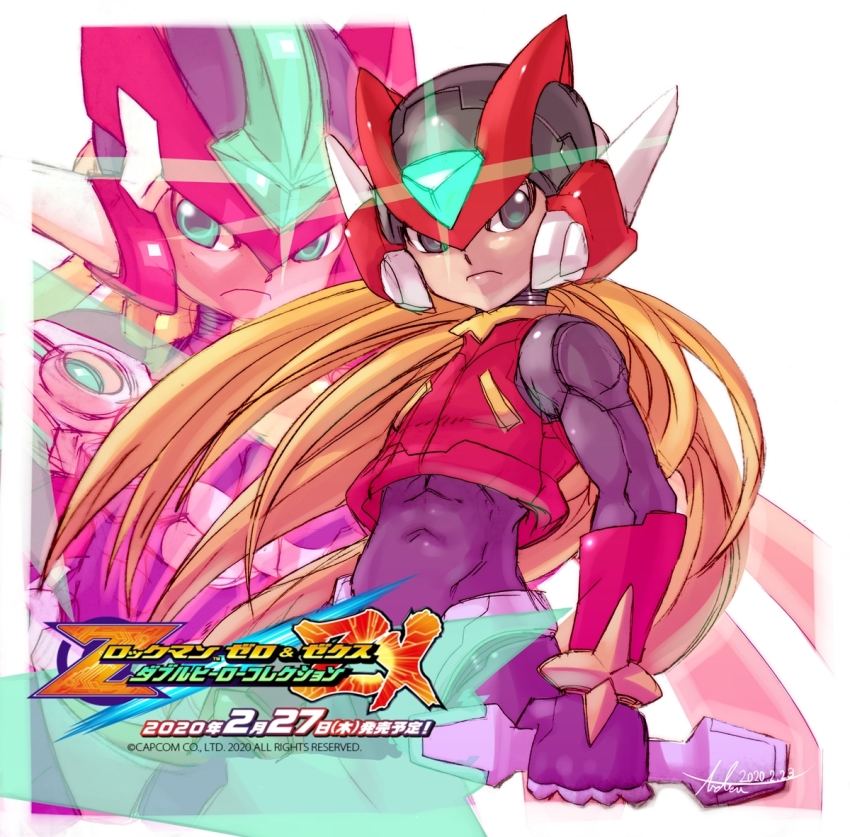 2boys armor black_bodysuit blonde_hair bodysuit clenched_hand copyright_name cropped_jacket crotch_plate dated energy_sword forehead_jewel glint glowing green_eyes helmet holding holding_sword holding_weapon jacket kamiyama_teten light_trail long_hair mega_man_(series) mega_man_zero_(series) mega_man_zx model_zx_(mega_man) multiple_boys power_armor red_helmet red_jacket release_date serious signature simple_background sword vent_(mega_man) weapon white_background z_saber zero(z)_(mega_man) zero_(mega_man)