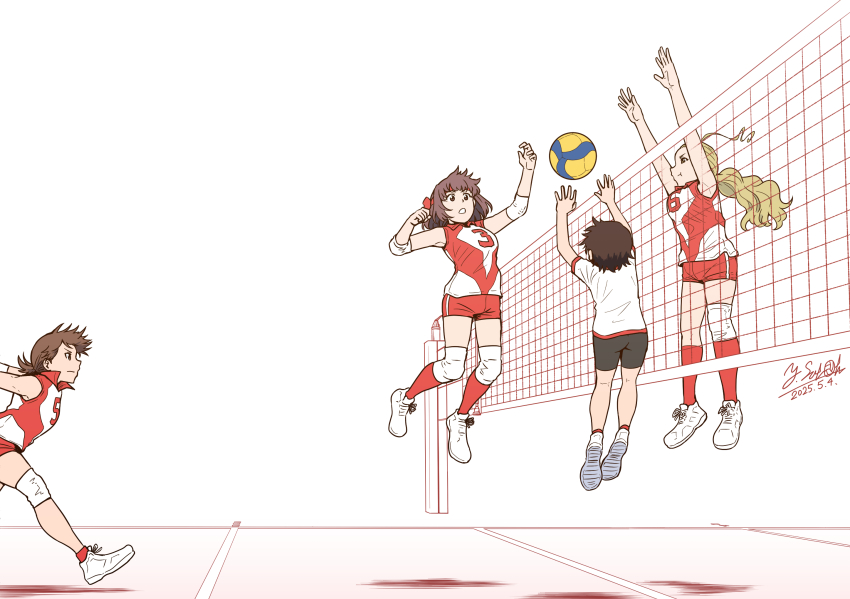 4girls arms_up artist_name ball bike_shorts black_shorts blonde_hair brown_eyes brown_hair closed_mouth commentary dated elbow_pads frown girls_und_panzer gym_shirt gym_uniform hair_pulled_back hairband headband highres isobe_noriko jumping kawanishi_shinobu knee_pads kondou_taeko long_hair medium_hair multiple_girls open_mouth ponytail red_headband red_shirt red_shorts red_socks running sasaki_akebi satou_yasu shirt shoes short_hair short_ponytail short_shorts short_sleeves shorts signature single_vertical_stripe sleeveless sleeveless_shirt sneakers socks sportswear t-shirt volleyball volleyball_(object) volleyball_net volleyball_uniform white_hairband white_shirt white_shoes