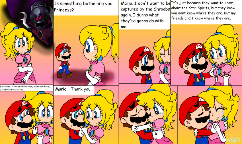 1boy 1girl absurdres blonde_hair blue_eyes brooch brown_hair comic crown dress earrings facial_hair gloves hat highres hug jewelry mario mario_&amp;_luigi_rpg mario_(series) mustache nintendo overalls partners_in_time pink_dress ponytail princess_peach princess_shroob speech_bubble standing talking tears
