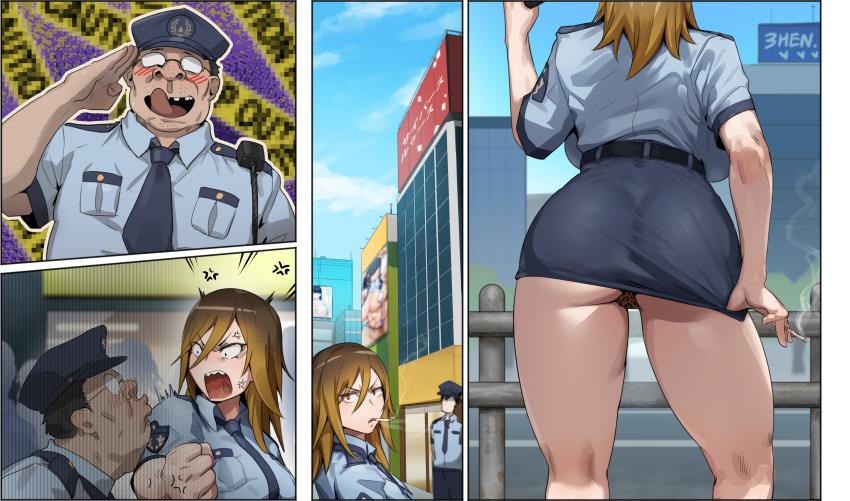 1girl :q absurdres adjusting_clothes anger_vein angry ass blue_neckwear blue_skirt breasts brown_hair building cigarette city cloud date_makiko day digimon digimon_story:_cyber_sleuth from_behind from_below glasses groin hair_between_eyes hand_up hat highres holding holding_cigarette huge_breasts kunaboto legs medium_hair multiple_views necktie old old_man open_mouth outdoors panties pantyhose police police_uniform policewoman print_panties road salute sequential skirt sky slit_pupils smoke smoking standing street thick_thighs thighs tongue tongue_out ugly_bastard underwear upskirt