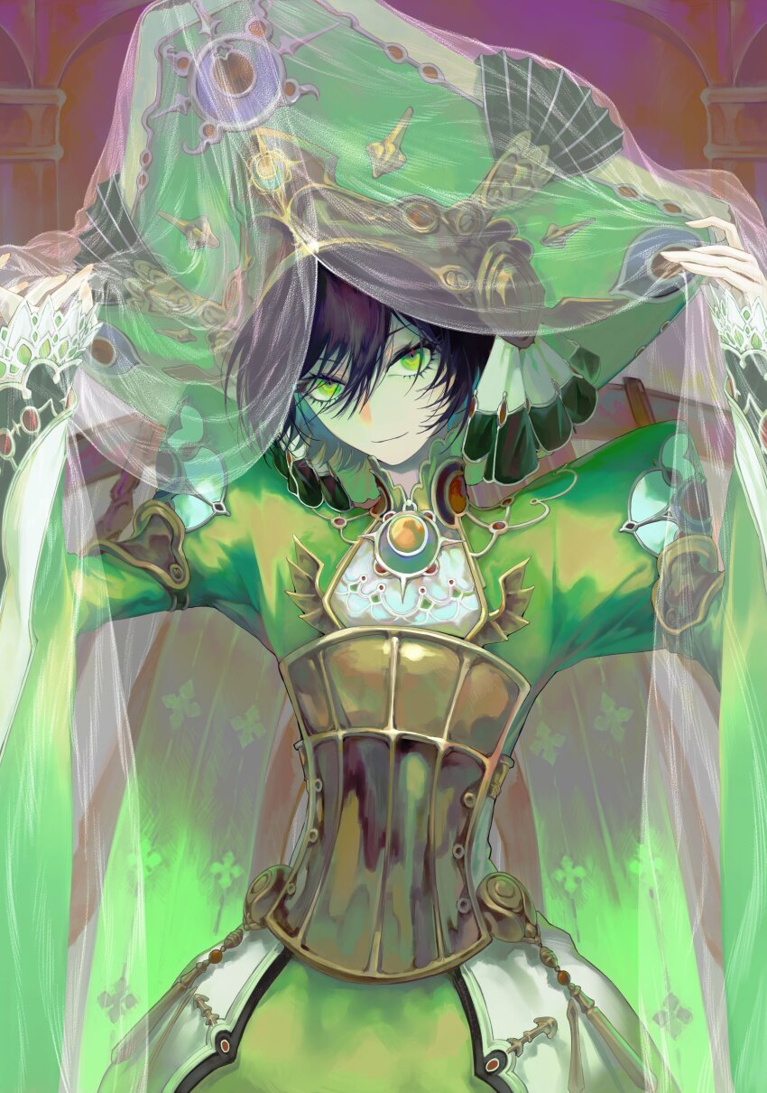 1girl absurdres androgynous armor black_hair brooch closed_mouth cowboy_shot frills green_eyes green_hat green_theme hair_over_eyes hands_up hat hat_ornament head_tilt highres jewelry juliet_sleeves large_hat long_sleeves looking_at_viewer nianshoufa puffy_sleeves see-through_clothes seth_nightroad short_hair smile solo trinity_blood veil veil_lift wide_sleeves