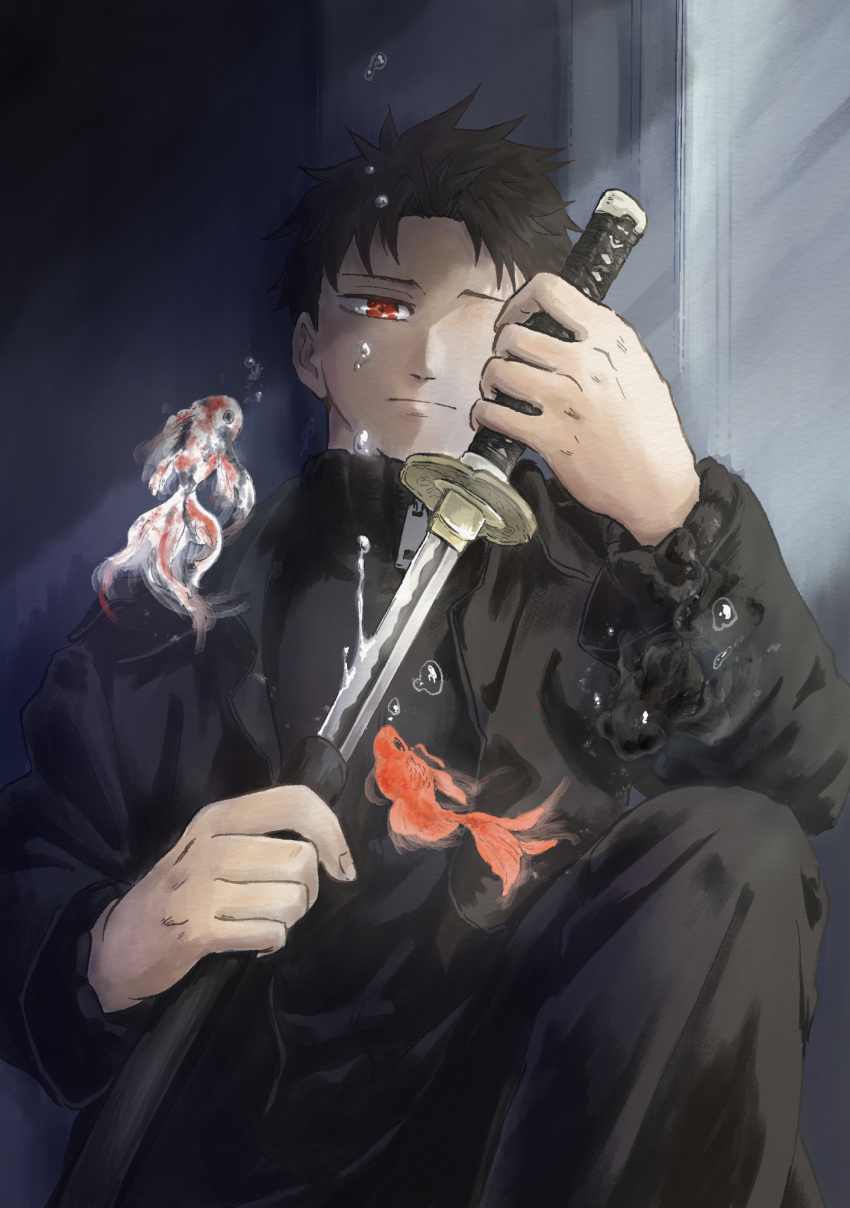 1boy black_coat black_hair black_jacket black_pants bubble coat fish goldfish highres holding holding_sword holding_weapon jacket kagurabachi katana long_sleeves looking_at_viewer male_focus nnararagi pants red_eyes rokuhira_chihiro sheath short_hair solo sword unsheathing weapon