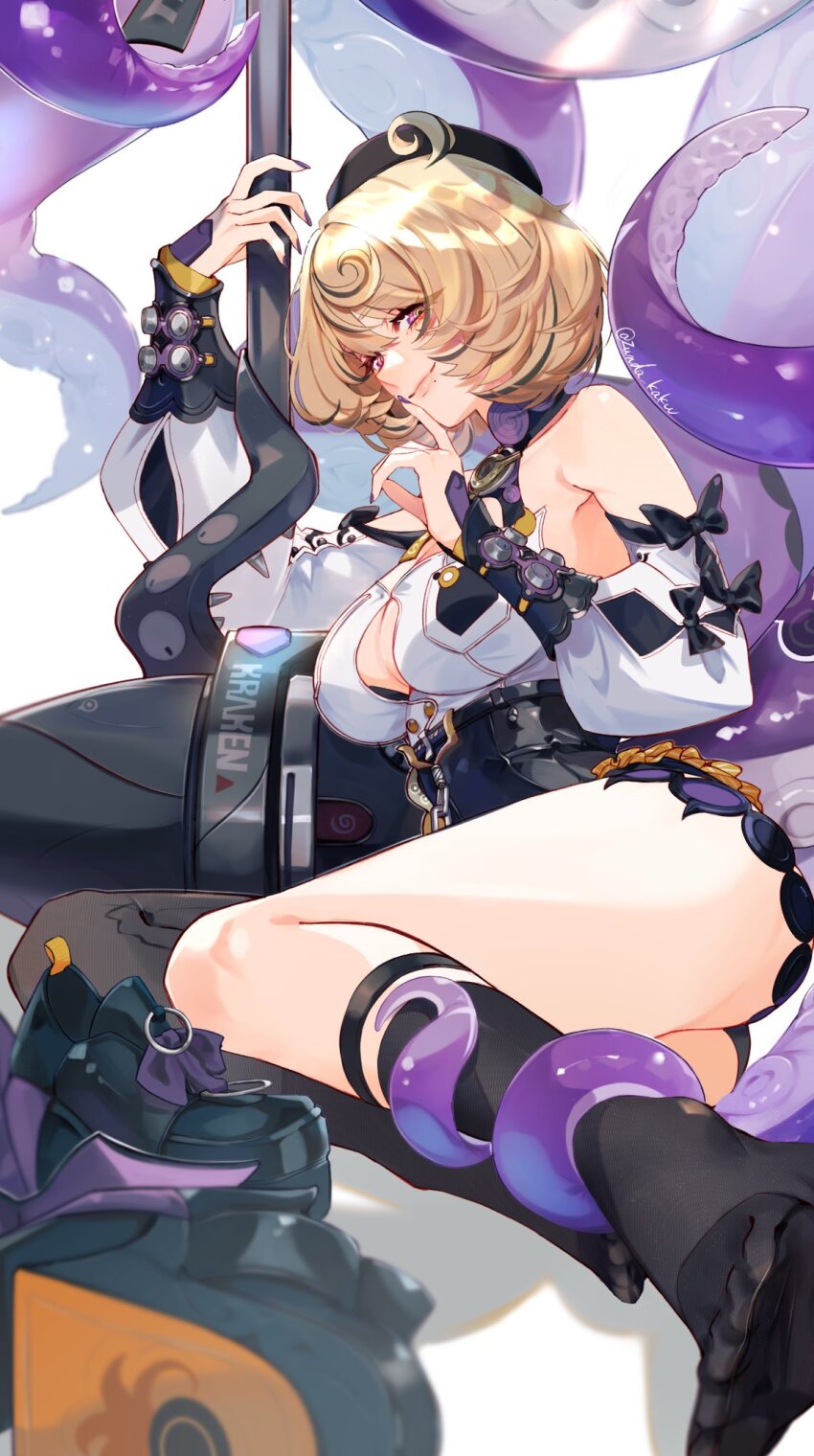 1girl accessories asymmetrical_shorts bare_shoulders black_bow black_hat black_shoes blonde_hair bow breasts cleavage closed_mouth commentary_request detached_sleeves footwear_ribbon from_side hair_between_eyes hammer hat high-waist_shorts highres holding holding_hammer holding_weapon large_breasts looking_at_viewer mole mole_under_mouth monster_girl octopus purple_eyes purple_nails scylla shirt shoes short_hair shorts solo spiral tentacle_girl tentacle_grab tentacle_tail tentacles twitter_username unworn_shoes weapon white_background white_shirt yellow_pupils yidhari_murphy zenless_zone_zero zunda_kaku