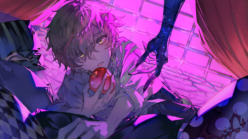 1boy absurdres amatsuki_(utaite) apple black_pants brown_hair crescent crescent_earrings curtains earrings food fruit highres holding holding_food holding_fruit indie_utaite jewelry looking_at_viewer lying male_focus multicolored_hair mura_karuki official_art on_stomach out_of_frame pants parted_lips pillow pink_light red_hair romeo_to_cinderella_(vocaloid) shirt short_hair single_earring sleeves_rolled_up space_skin streaked_hair utaite white_shirt yellow_eyes