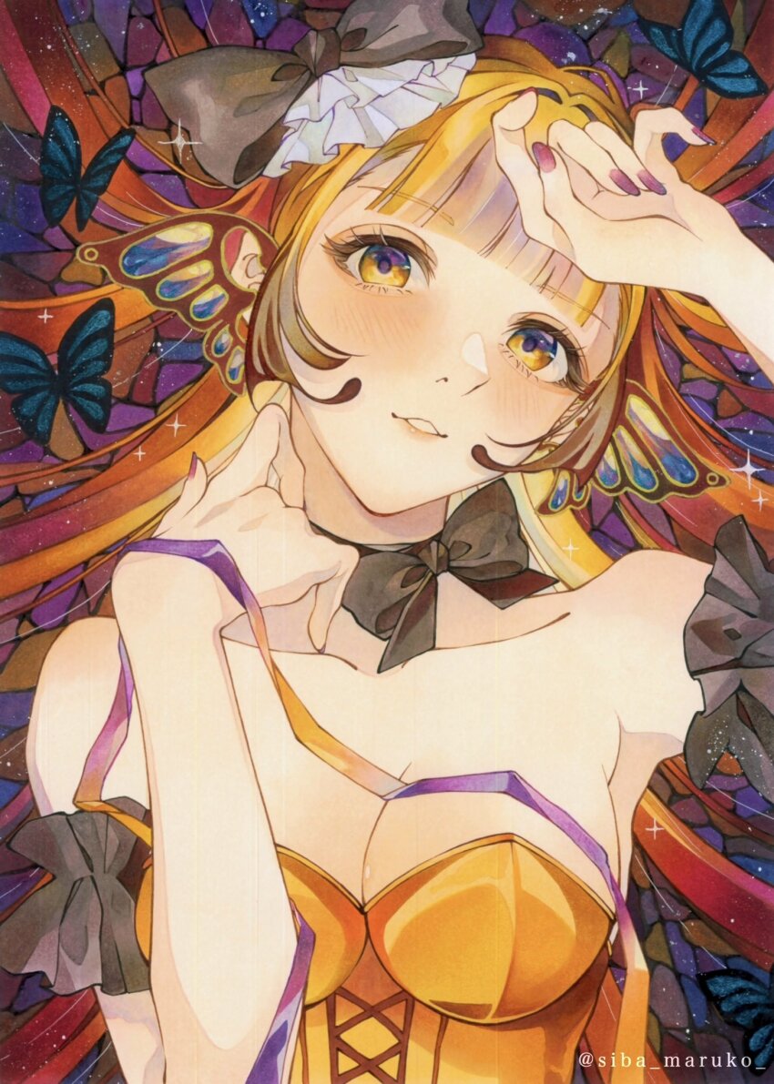 1girl arm_up artist_name black_bow blush bow bow_choker breasts bug butterfly butterfly_hair_ornament choker commentary dress eyelashes hair_ornament hand_up highres insect large_breasts looking_at_viewer lying making-of_available marker_(medium) multicolored_eyes multicolored_hair on_back orange_eyes orange_hair orange_ribbon original parted_lips purple_eyes purple_nails purple_ribbon red_hair ribbon siba_maruko solo strapless strapless_dress traditional_media twitter_username